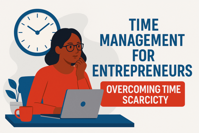 A flat-style digital illustration of a dark-skinned woman entrepreneur working at a laptop with a clock on the wall behind her. She is wearing glasses and a red shirt, with a coffee cup and potted plant on the desk. The background is light grey and blue, with the title "Time Management for Entrepreneurs: Overcoming Time Scarcity" displayed clearly.
